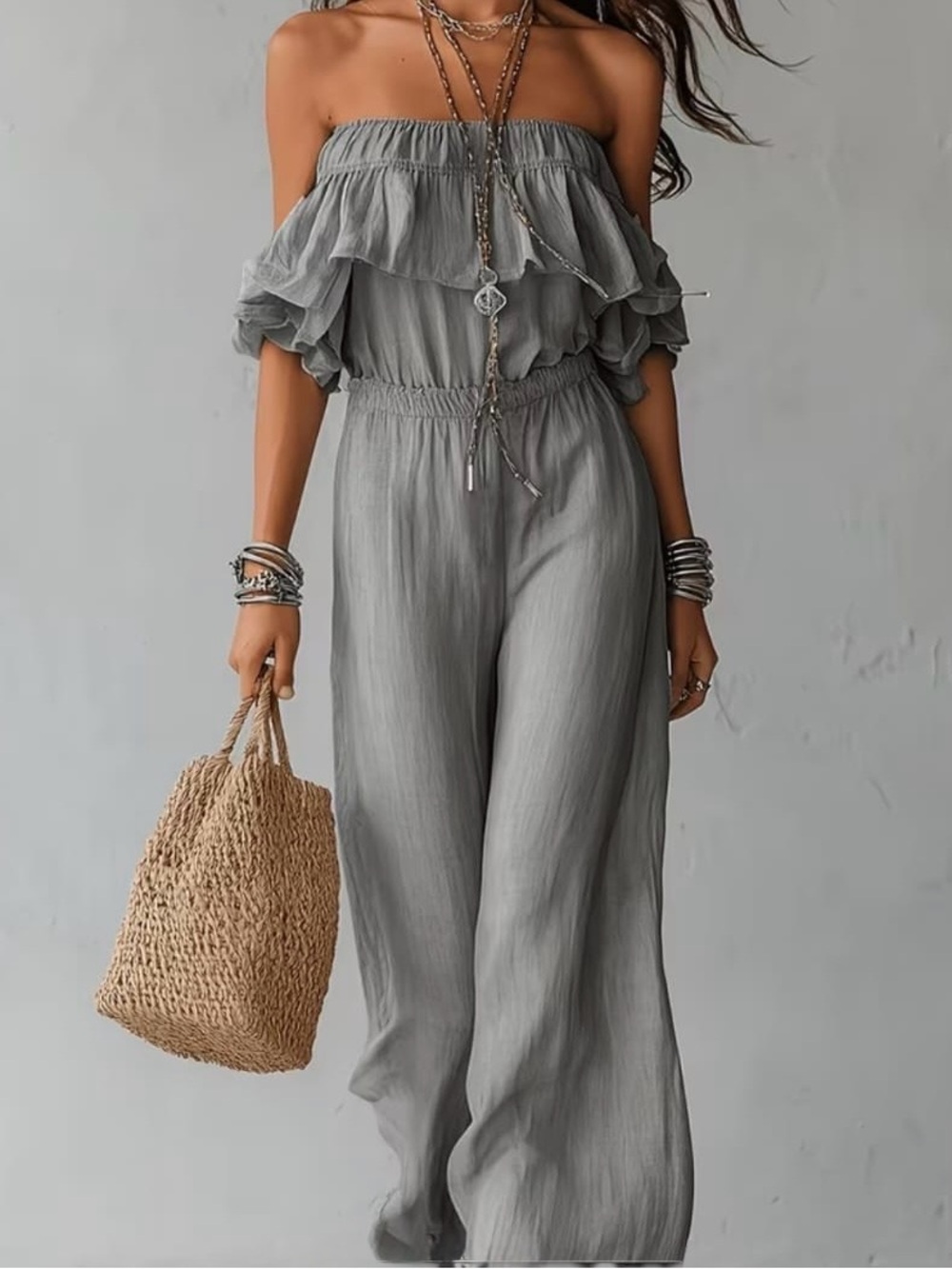 Off-Shoulder Ruffle Wide-Leg Jumpsuit - Gray